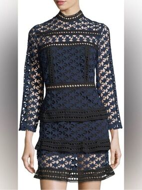 Few Moda Women's Navy Blue Lace Overlay Dress with Black Detail L